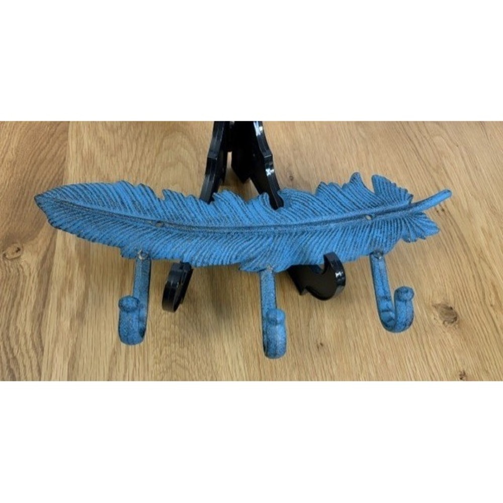 Feather Wall Hook Rack Blue Good Cast Iron 3-Hook Rustic Decor